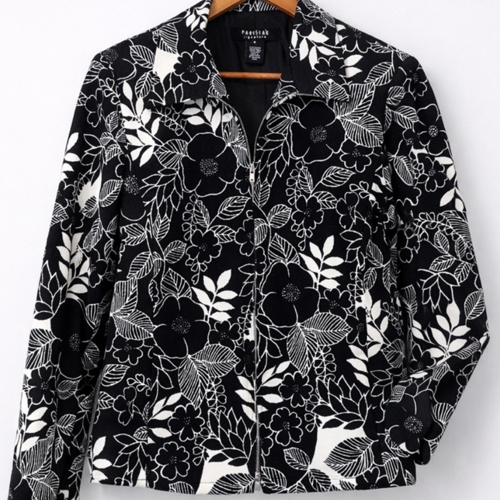 Parisian Signature Floral Zip Front Jacket Medium Black White Blazer